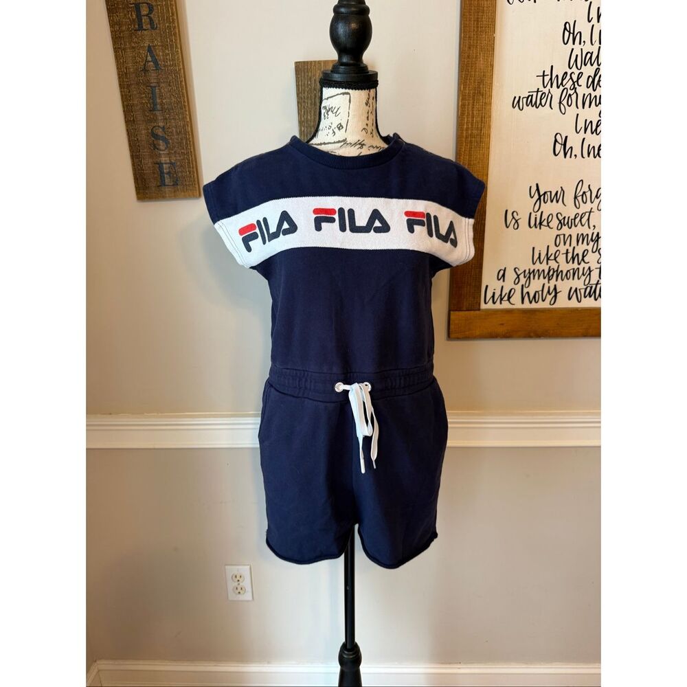Fila Women's Logo Buttoned Shoulder Drawstring Costanza Romper Navy Small